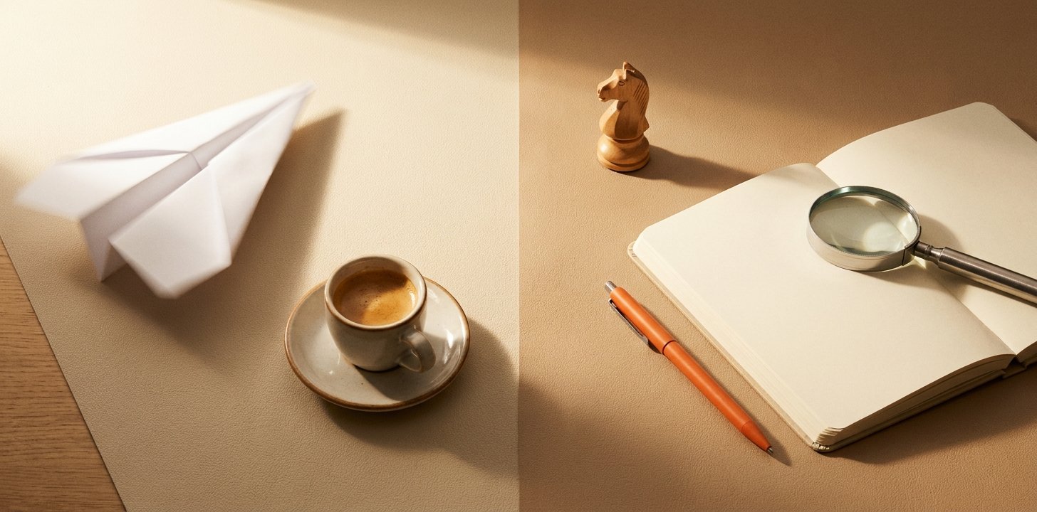 Bureau in twee helften: papieren vliegtuig en espresso (snel doen) naast schaakpaard en vergrootglas (analyseren en doorgronden)