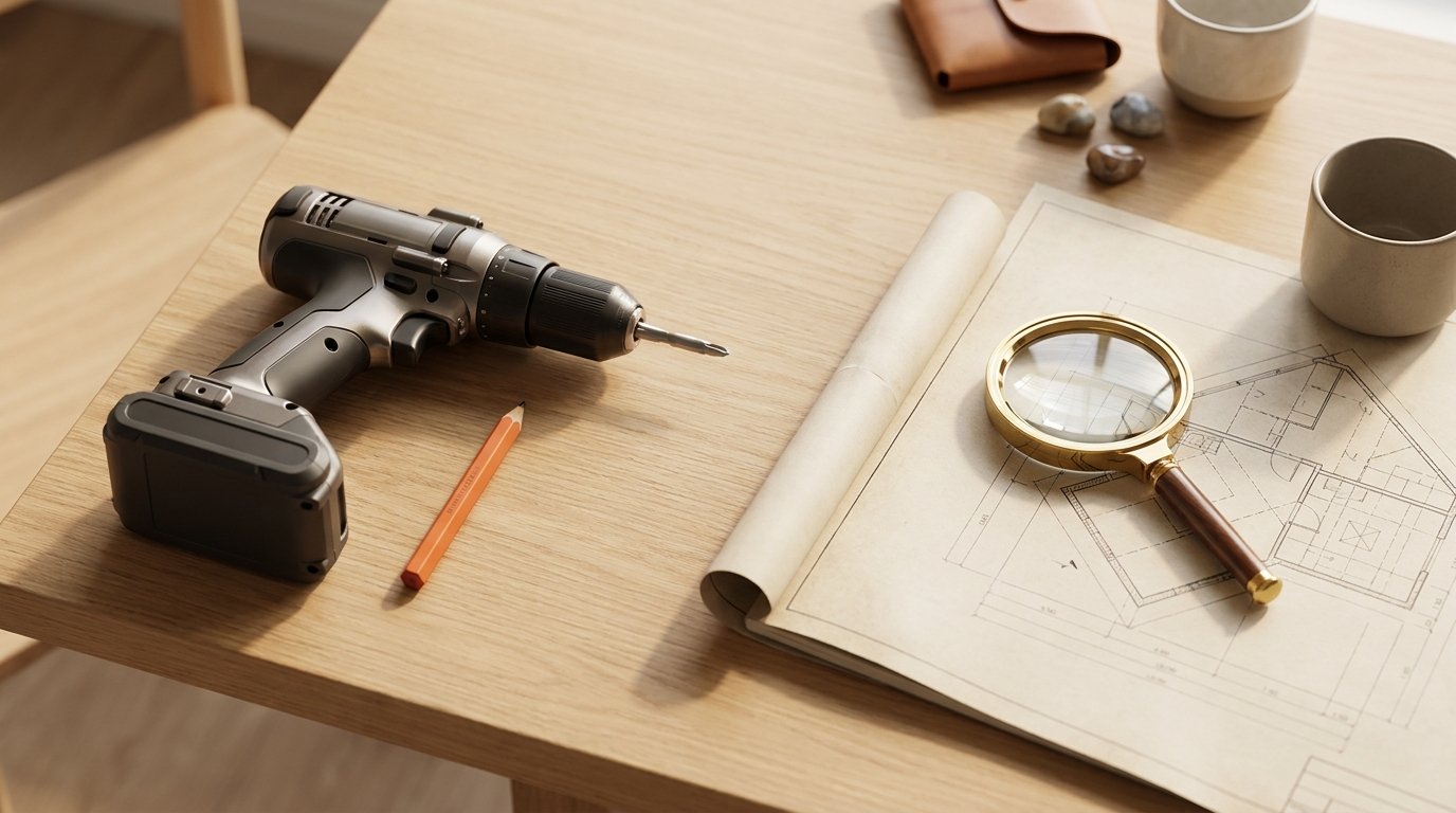 Accuboormachine met potlood naast een vergrootglas op een bouwtekening: doen tegenover doorgronden