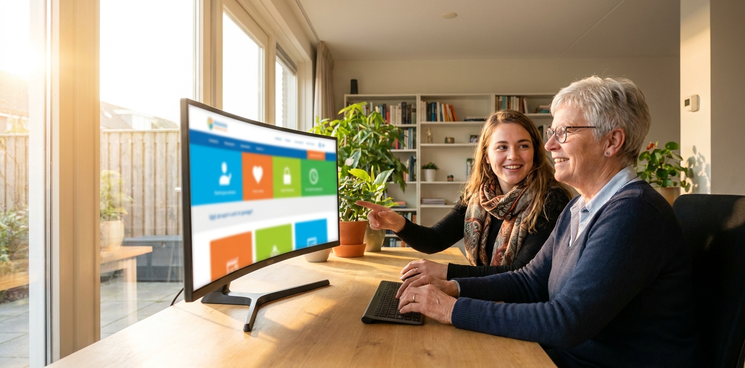 Webdesigner helpt een oudere vrouw achter een groot scherm met een toegankelijke, overzichtelijke website