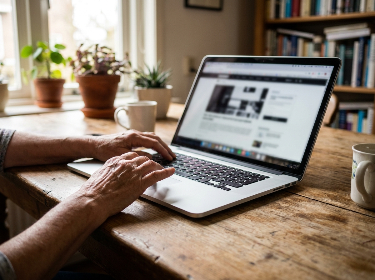 Oudere vrouw gebruikt thuis moeiteloos een laptop met een strak vormgegeven, goed leesbare website